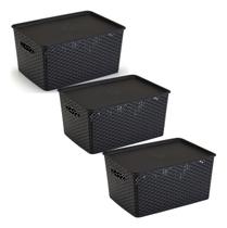 Kit 3 Caixas Organizadoras C/ Tampa Grande 15 L Rattan Preta
