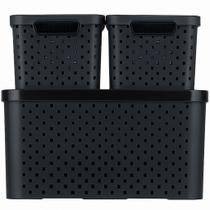 Kit 3 Caixas Organizadoras Com Tampa 12 Litros e 6 Litros Plástico Resistente Para Closets Lavanderia Banheiro Preto DasPlast