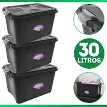 Kit 3 Caixas Organizadoras Container 30 Litros C/ Tampa e Trava Preta