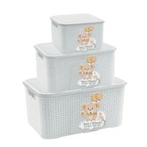 Kit 3 Caixas Organizadoras Infantil Rattan Com Tampa Para Brinquedos Fraldas de Bebê 3,5/ 7/ 18 L