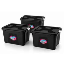 Kit 3 Caixas Organizadoras Multiuso 30L Preta C/ Travas Kit 3 Caixas Organizadoras Multiuso 30L Preta C/ Travas