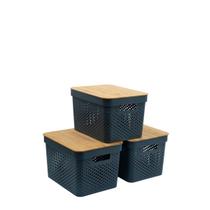 Kit 3 caixas organizadoras multiuso empilhável com tampa de bambu poá 18L cinza - Oikos