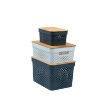 Kit 3 caixas organizadoras multiuso empilhável com tampa de bambu poá 3,5L e 18L cinza e 10L branca
