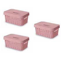 Kit 3 Caixas Organizadoras Multiuso Trama Rattan 4,5l Rosa