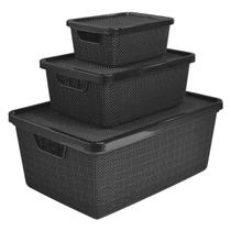 Kit 3 Caixas Organizadoras PMG 2L / 6L / 16L Preta Cesto Telado C/ Tampa e Trava - Arqplast Kit 3 Caixas Organizadoras PMG 2L / 6L / 16L Preta Cesto Telado C/ Tampa e Trava - Arqplast