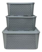 Kit 3 Caixas Organizadoras Tampa Rattan Retangular Plasnew Kit 3 Caixas Organizadoras Tampa Rattan Retangular Plasnew