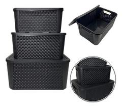 Kit 3 Caixas Organizadoras Tampa Rattan Retangular Preto