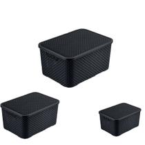 Kit 3 Caixas Rattan Preta 7,15 e 20 Litros C/ Tampa -Arqplast