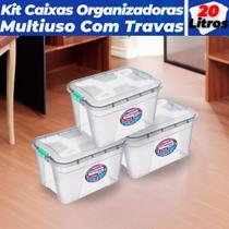 kit 3 Caixas Transparente Organizadoras 20 Litros Uninjet Multiuso Cesto Com Travas Armazenamento