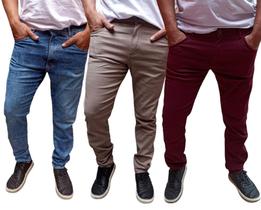 Kit 3 calça basica tradicional elastano varias cores moda masculina