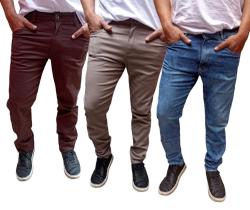 Kit 3 calça basica tradicional elastano varias cores moda masculina