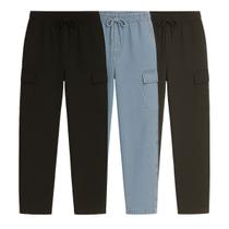 Kit 3 Calça Cargo Larga Skate Unissex Bolso Lateral Fechamento Cordão Jeans Sarja