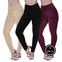 Kit 3 Calça de Veludo Canelada Legging Cintura Alta Térmica - c6 KIT 3 COTELÊ PRETO VINHO E BEGE