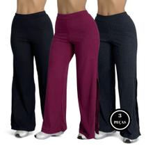 Kit 3 Calça Feminina Wide Leg Pantalona Cintura Alta -c2 KIT 3 ANGÉLICA PRETO VINHO E CINZA