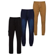Kit 3 Calça Jeans Jogger Masculina Azul Escuro, Preto e Caramelo - Polo Attack