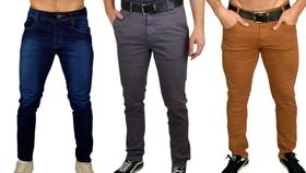 Kit 3 calça jeans masculina com elastano slim bege claro azul marinho skinny alfaiataria