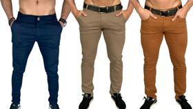 Kit 3 calça jeans masculina com elastano slim bege claro azul marinho skinny alfaiataria