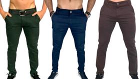Kit 3 calça jeans masculina com elastano slim bege claro azul marinho skinny alfaiataria