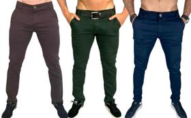 Kit 3 calça jeans masculina com elastano slim bege claro azul marinho skinny alfaiataria