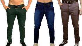 Kit 3 calça jeans masculina com elastano slim bege claro azul marinho skinny alfaiataria
