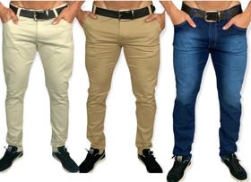 Kit 3 calça jeans masculina slim com lycra caqui em sarja Skinny - Emporium black