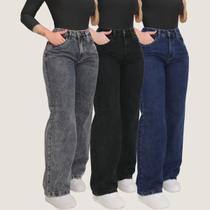 Kit 3 Calça Jeans Wide Leg Pantalona Cintura Alta Jeans