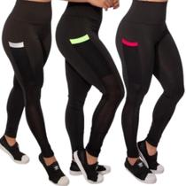 Kit 3 Calça Legging Feminina De Academia Com Bolso Lateral Cintura Alta Fitness Zero Transparência Kit 3 Calça Legging Feminina De Academia Com Bolso Lateral Cintura Alta Fitness Zero Transparência