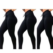 Kit 3 Calça Legging Preta Empina Bumbum Leg Cintura Alta