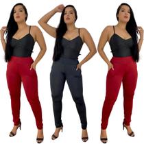 Kit 3 Calça lisa malha fria feminina cintura alta atacado