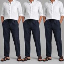 Kit 3 Calça Masculina Brim com Toque de Linho Casual com Cordão Elegante Social Confortável Poliéste Kit 3 Calça Masculina Brim com Toque de Linho Casual com Cordão Elegante Social Confortável Poliéste