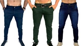 Kit 3 calça masculina slim com lycra caqui bordo marrom skinny - Sky Jeans