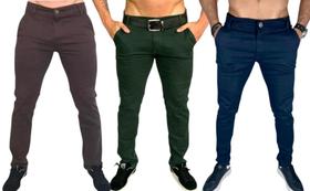 Kit 3 calça masculina slim com lycra caqui bordo marrom skinny