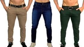 Kit 3 calça masculina slim com lycra caqui bordo marrom skinny - Sky Jeans