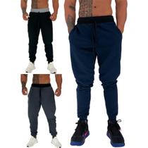 Kit 3 Calça Moletom/Moletinho Masculina MXD Conceito Cores Básicas Liso Slim Fitness Academia