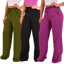 Kit 3 Calça Pantalona Feminina Cintura Alta Tendência Larga - Lori Modas