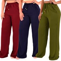 Kit 3 Calça Pantalona Feminina Cintura Alta Tendência Larga