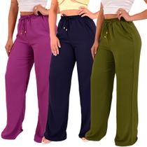 Kit 3 Calça Pantalona Feminina Cintura Alta Tendência Larga - Lori Modas