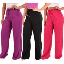 Kit 3 Calça Pantalona Feminina Cintura Alta Tendência Larga - Lori Modas