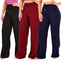 Kit 3 Calça Pantalona Feminina Cintura Alta Tendência Larga