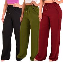 Kit 3 Calça Pantalona Feminina Cintura Alta Tendência Larga