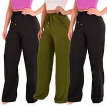 Kit 3 Calça Pantalona Feminina Cintura Alta Tendência Larga