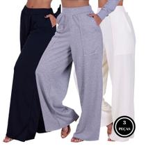 Kit 3 Calça Pantalona Wide Leg com Bolso de Moletinho - KIT 3 WIDE LEG PRETO CINZA BRANCO