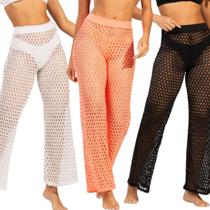 KIT 3 Calça Saída de Praia Básica WLS Modas Tricot Flare Cintura Alta Verão Confortavel Moda Praia