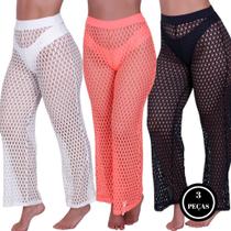 Kit 3 Calça Saída De Praia Feminina Furadinha Verão Calor -c2 KIT 3 ATENA PRETO BRANCO CORAL