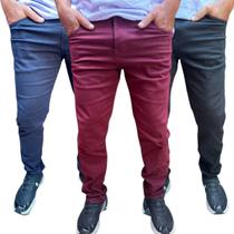 kit 3 calça sarja masculina elastano com botão