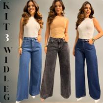Kit 3 Calça Wide Leg Jeans Feminina Cintura Alta Premium Confortável Modelagem Perfeita Kit 3 Calça Wide Leg Jeans Feminina Cintura Alta Premium Confortável Modelagem Perfeita