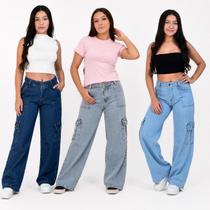 Kit 3 Calças Cargo Jeans Premium Feminina Juvenil Fashion Blogueira Influencer Moda Atual do 10 ao 16