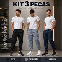 Kit 3 Calças Chimpa Poliéster Zíper No Bolso Corrida Esporte Cor:Preto Azul e CinzaTamanho:G