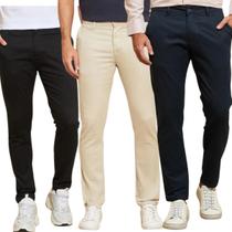 Kit 3 Calças de Sarja Chino Com Bolso Traseiro Embutido Alfaiataria Skinny