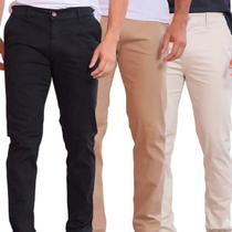 Kit 3 Calças de Sarja Preto / Bege e Caqui Corte Alfaiataria Masculina Slim Fit com Lycra Bolso Embutido Social Casual